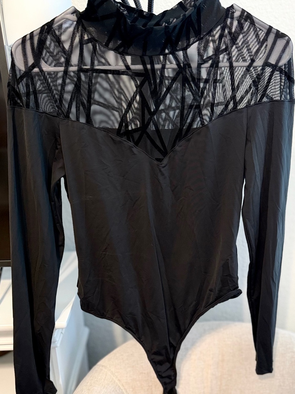 Black Mesh Yoke Long-Sleeve Bodysuit